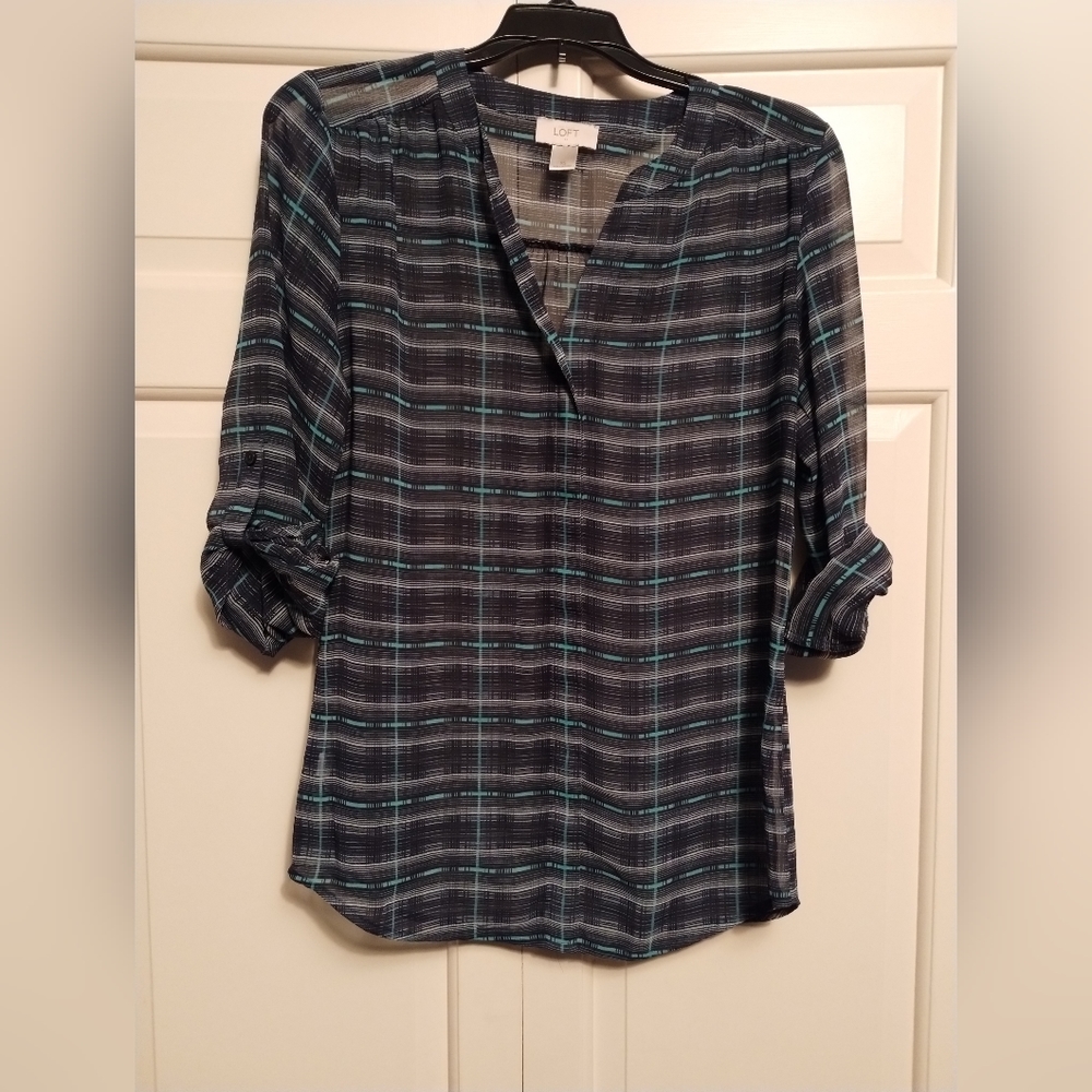 XS Navy Blue Plaid Loft Blouse